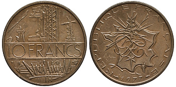 Франция 10 франков 1977 тип Матье KM 940, Le Franc 365.9-10 никель латунь 3855-834