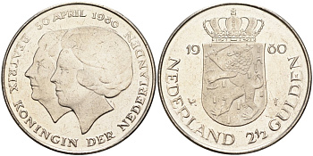 Нидерланды 2 1/2 гульдена 1980 коронация Беатрикс, 30 апреля 1980 KM 201 никель 4587-1214