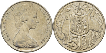 Австралия 50 центов 1966 Елизавета II (1952-2022), герб Австралии, кенгуру KM 67 серебро 82-824