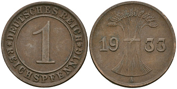 Германия 1 рейхспфенниг 1933 A KM 37, J. 313 бронза 4189-1162