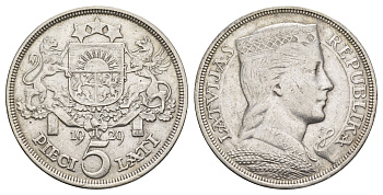 Латвия 5 латов 1929 девушка KM 9 серебро 443-1033