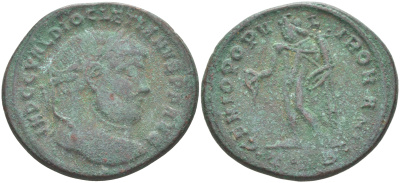 Римская Империя нуммий 300 - 301 Диоклетиан, бюст императора, IMP C C VAL DIOCLETIANVS P F AVG / Гений Римского народа, GENIO POPVLI ROMANI TSВ, Фессалоника RIC 21а биллон 1073-23-21