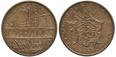 Франция 10 франков 1977 тип Матье KM 940, Le Franc 365.9-10 никель латунь 3855-834
