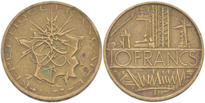 Франция 10 франков 1977 тип Матье KM 940, Le Franc 365.9-10 никель латунь 111-1012