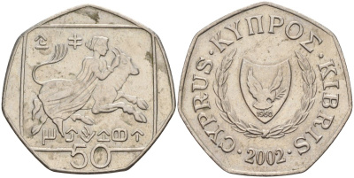 Кипр 50 центов 2002 похищение Европы KM 66 медно-никель 4141-1245