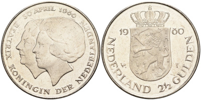 Нидерланды 2 1/2 гульдена 1980 коронация Беатрикс, 30 апреля 1980 KM 201 никель 4587-1214