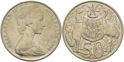 Австралия 50 центов 1966 Елизавета II (1952-2022), герб Австралии, кенгуру KM 67 серебро 82-824