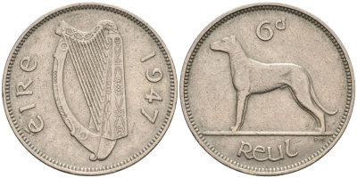 Ирландия 6 пенсов 1947 собака KM 13а медно-никель 190-1025