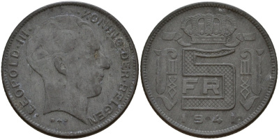 Бельгия 5 франков 1941 DES BELGEN, Леопольд III (1934-1947) KM 129 цинк 4161-921