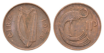 Ирландия 1 пенни 1976 мифологическая птица лира KM 20 бронза 4690-361