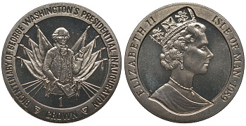 ОСТРОВ МЭН 1 КРОНА 1989 200 ЛЕТ ИНАУГУРАЦИИ ПРЕЗИДЕНТА ВАШИНГТОНА, ПРИНЕСЕНИЕ ПРИСЯГИ, ФЛАГИ KM 249 медно-никель UNC 1078-4-41