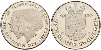 Нидерланды 2 1/2 гульдена 1980 коронация Беатрикс, 30 апреля 1980 KM 201 никель 4565-725