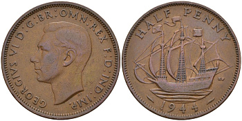 Великобритания 1/2 пенни 1944 Георг VI (1936-1952) KM 844, Spink 4115 бронза 4153-827