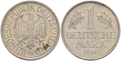 ФРГ 1 марка 1974 D KM 110, J. 385 медно-никель 4159-1131