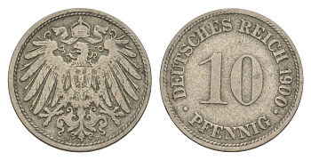 Германия 10 пфеннигов 1900 D, Вильгельм II (1888-1918) KM 12, J. 13 медно-никель 4644-1153