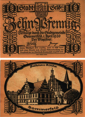 ЗОММЕРФЕЛЬД 10 ПФЕННИГОВ 1920 НОТГЕЛЬД, 1 АПРЕЛЯ 1920, ПОЛЬША Grabowski S85.6 бумага 8608-14-1-2