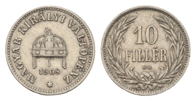 Венгрия 10 филлеров 1908 KB, Франц Иосиф I (1848-1916) KM 482 никель 4664-951