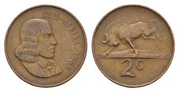 ЮАР 2 цента 1965 Ян ван Рибек (1619-1677), Suid Africa, легенда на африкаанс, антилопа KM 66.2 бронза 4660-916