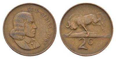 ЮАР 2 цента 1965 Ян ван Рибек (1619-1677), Suid Africa, легенда на африкаанс, антилопа KM 66.2 бронза 4660-916