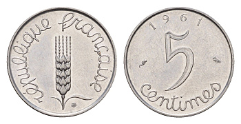 Франция 5 сантимов 1961 KM 927 нержавеющая сталь UNC 4630-243