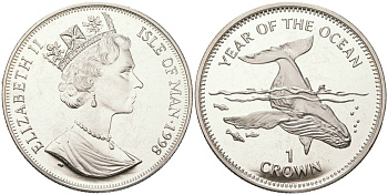 Остров Мэн 1 крона 1998 год океанов, горбатый кит, Елизавета II (1952-2022) KM 896 медно-никель BU 1085-9-34
