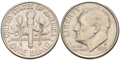 США 10 ЦЕНТОВ = 1 ДАЙМ 1993 P, РУЗВЕЛЬТ KM 195a медь плакированная медно-никелем 187-1069