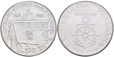 ИТАЛИЯ 100 ЛИР 1981 R, 100 ЛЕТ ВОЕННО-МОРСКОЙ АКАДЕМИИ В ЛИВОРНО KM 108 нержавеющая сталь 4531-125