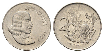 ЮАР 20 центов 1965 Ян ван Рибек (1619-1677), Suid Africa, легенда на африкаанс, цветок протея KM 69.2 никель 4693-647