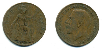 Великобритания 1 пенни 1921 Георг V (1910-1936) KM 810, Spink 4051 бронза 41-521