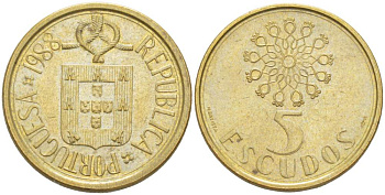 ПОРТУГАЛИЯ 5 ЭСКУДО 1988 KM 632 никель латунь 4523-1043