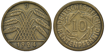 Германия 10 рентенпфеннигов 1924 J KM 33, J. 309 алюминиевая бронза 4121-853