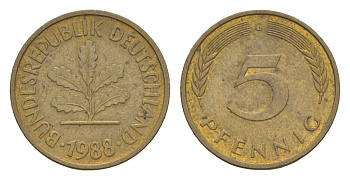 ФРГ 5 пфеннигов 1988 G KM 107, J. 382 сталь плакированная латунью 4630-1249