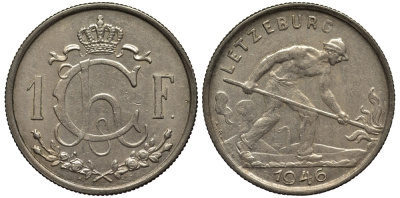 Люксембург 1 франк 1946 Шарлотта (1918-1964), сталевар KM 46.1 медно-никель 4538-916