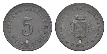 Абенсберг 5 пфеннигов 1917 редкая разновидность, цифра номинала изменена Funck 3.1a, Men05 129.1, Men18 195.1 цинк 1528-815