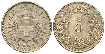 Швейцария 5 раппенов 1876 B, редкий год - тираж 989.000 экземпляров KM 5 серебро 1524-245