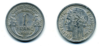 ФРАНЦИЯ 1 ФРАНК 1948 ТИП MORLON, LEGERE KM 885a.1, LE FRANC 221.13 алюминий 37-816