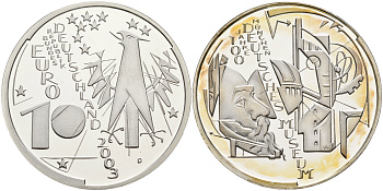 ФРГ 10 евро 2003 D, 100 лет немецкому музею в Мюнхене KM 225, DE.S. 10.6 серебро PROOF 1076-3-25
