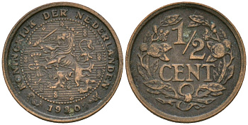 Нидерланды 1/2 цента 1930 Вильгельмина (1890-1948) KM 138 бронза 4169-455
