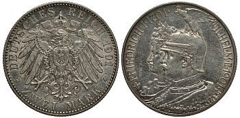 Пруссия 2 марки 1901 A, 200 лет Прусской королевской династии (Фридрих I - Вильгельм II) J.105, Weege 105, KM 525 серебро 3711-1021