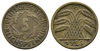 ГЕРМАНИЯ 5 РЕЙХСПФЕННИГОВ 1925 F, KM 39, J. 316 алюминиевая бронза 4380-1027
