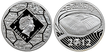 Ниуэ 1 доллар 2012 футбол чемпионат, стадион в Познани, в оригинальной коробке с сертификатом тираж 1000 шт. KM NEW серебро PROOF 2-4-2-18