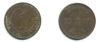 ГЕРМАНИЯ 1 РЕЙХСПФЕННИГ 1936 A KM 37, J. 313 бронза 35-162