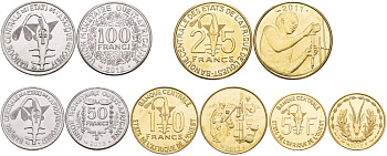 Западно-Африканские штаты лот из 5 монет 2011-2013 (5, 10, 25, 50 и 100 франков) UNC N2-29