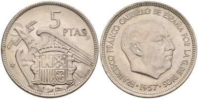 Испания 5 песет 1957 (67) Франсиско Франко (1939-1975) KM 786 медно-никель aUNC 4583-1143