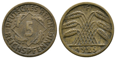 ГЕРМАНИЯ 5 РЕЙХСПФЕННИГОВ 1925 F, KM 39, J. 316 алюминиевая бронза 4380-1027