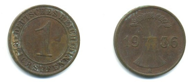 ГЕРМАНИЯ 1 РЕЙХСПФЕННИГ 1936 A KM 37, J. 313 бронза 35-162