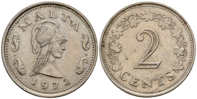 Мальта 2 цента 1972 Пентесилея, царица амазонок KM 9 медь цинк 4154-659