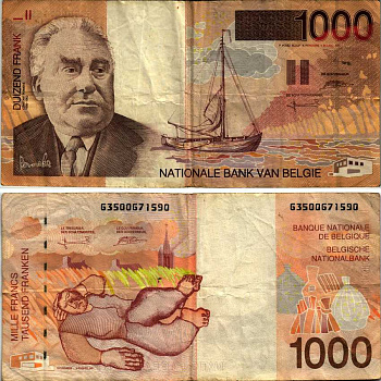 БЕЛЬГИЯ 1000 ФРАНКОВ 1997 ПОДПИСЬ (5 И 15), БЕЛЬГИЙСКИЙ ХУДОЖНИК ЭКСПРЕССИОНИСТ КОНСТАНТ ПЕРМЕКЕ (1886-1952) Pick 150 бумага 6352-12-1-2