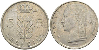 БЕЛЬГИЯ 5 ФРАНКОВ 1974 BELGIE, БОДУЭН I (1951-1993) KM 135.1 медно-никель 119-832