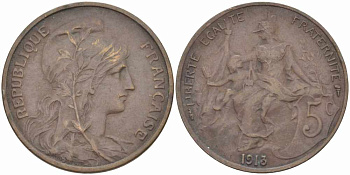ФРАНЦИЯ 5 САНТИМОВ 1913 ТИП ДАНИЭЛЬ ДЮПЮИ KM 842, LE FRANC 119.25 бронза 108-943